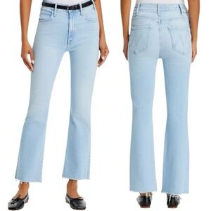 Mother Hustler Ankle Fray Stretch Jeans‎ Light Blue Wash High-Rise Flare Raw Hem
